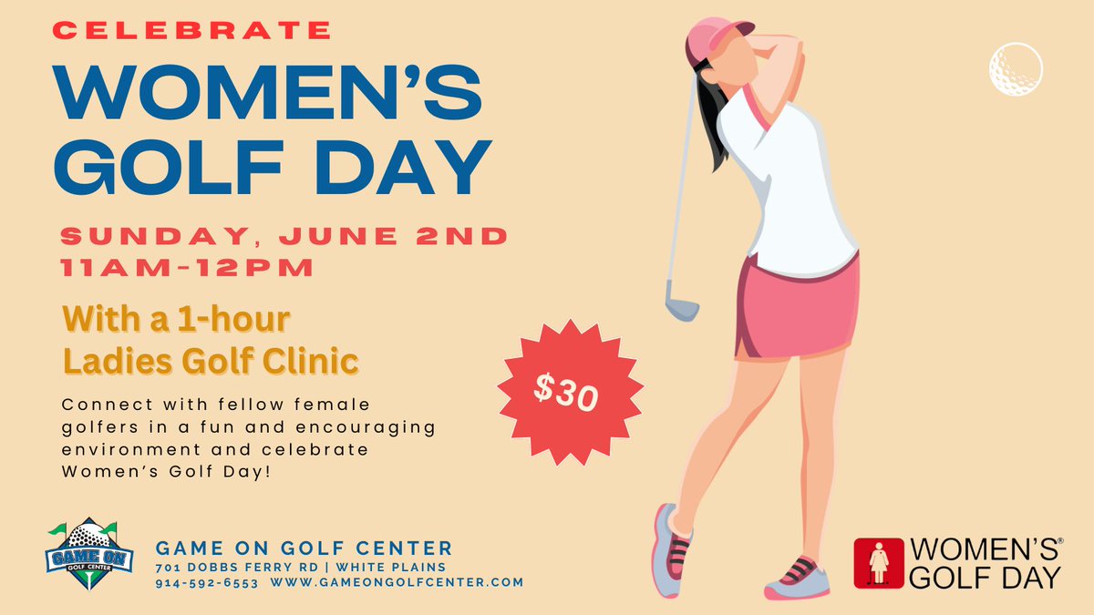 gameongolfctr's tweet photo. We are Celebrating Women’s Golf Day with a Special 1-Hour Ladies Golf Clinic.
Come meet other local female golfers in a fun and encouraging setting!!
Register on our website

#GameOnGolfCenter #GOGC #WestchesterGolf  #GolfClinics #WomensGolf #WomensGolfDay #WestchesterBiz https://t.co/Me8a37hCBc
