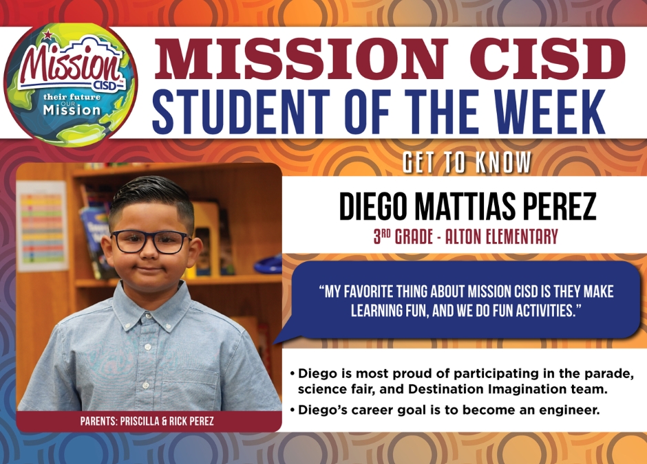 Meet our Elementary Student of the Week! ⭐️ Diego Mattias Perez, 3rd Grade from Alton Elementary