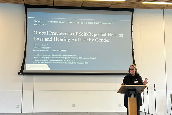 Our own, @jswest PhD, MPH, presenting on 'Global Prevalence of Self-Reported Hearing Loss and Hearing Aid Use by Gender'. @DukeGHI @dukenus #HealthierConnections2024