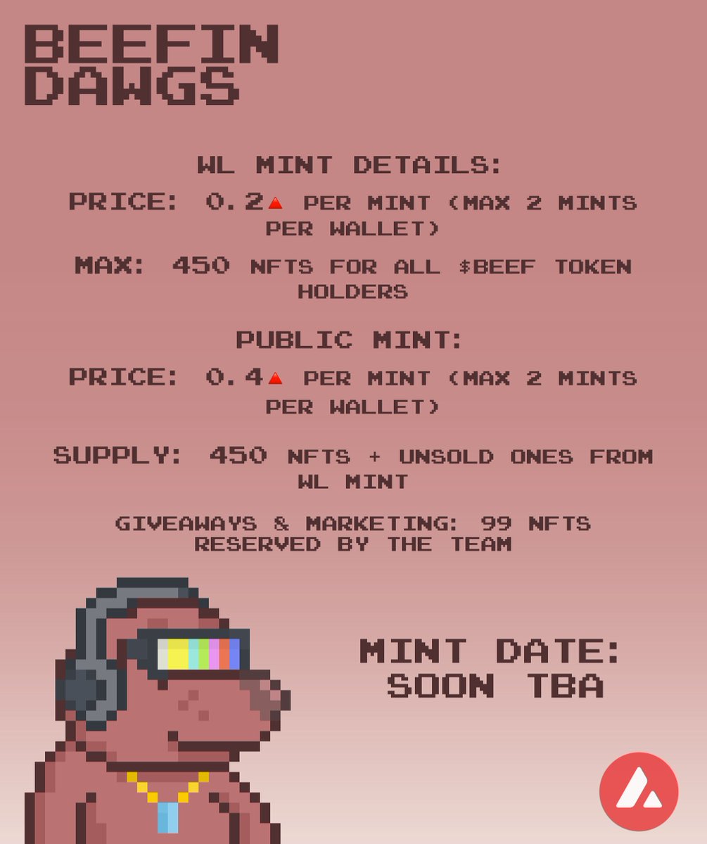 BeefinDawgs's tweet image. 🚀 We&apos;re excited to announce our exclusive WL Mint for all $BEEF holders!

Total Supply: 999 🎨🐶

All proceeds from the mint will be used to raise liquidity for the $BEEF token pool.

To celebrate, we&apos;re giving away 10 WL Spots! 🎉

Follow, like, repost, &amp;amp; tag a friend to enter.