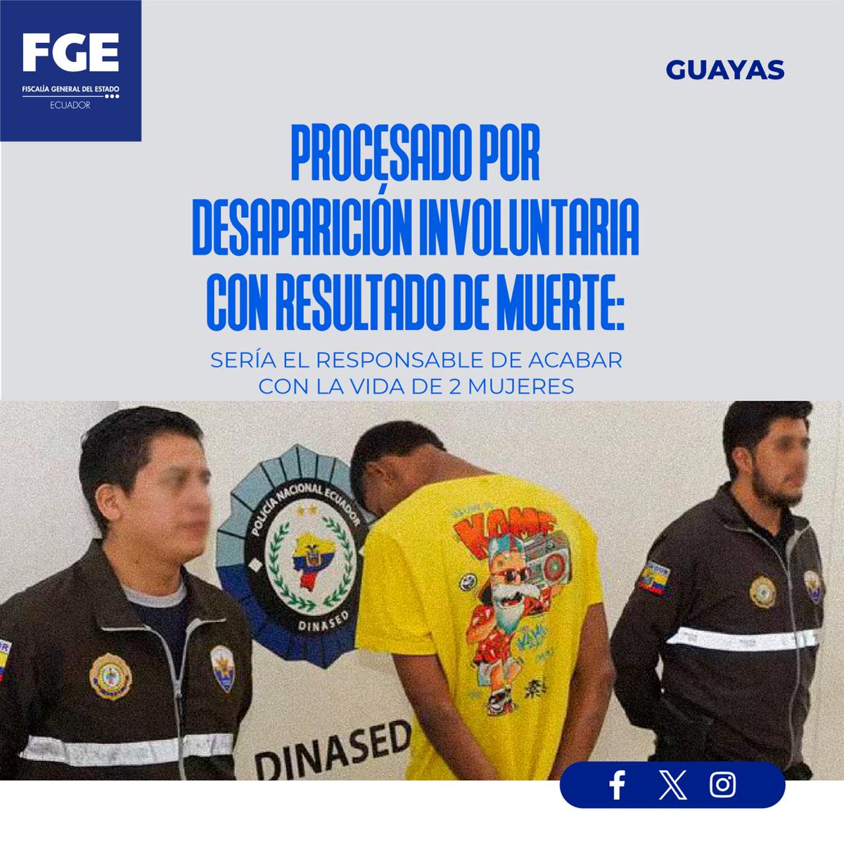 #ATENCIÓN | #Guayas: prisión preventiva por #desapariciónconresultadodemuerte. #FiscalíaEc procesa a alias 'La Parca' por el crimen perpetrado contra 2 mujeres en agosto de 2023. Más información ⬇️ 🌐 acortar.link/AgdUeB