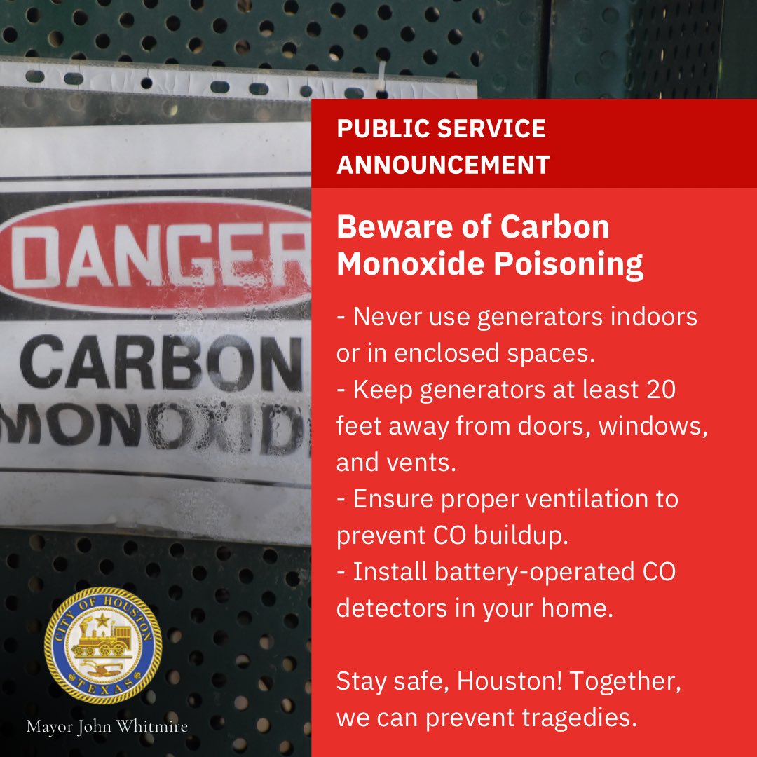 Please stay safe from carbon monoxide poisoning when using generators! Follow these tips to protect your family. #HoustonStrong #StaySafe #COAwareness @HoustonFire