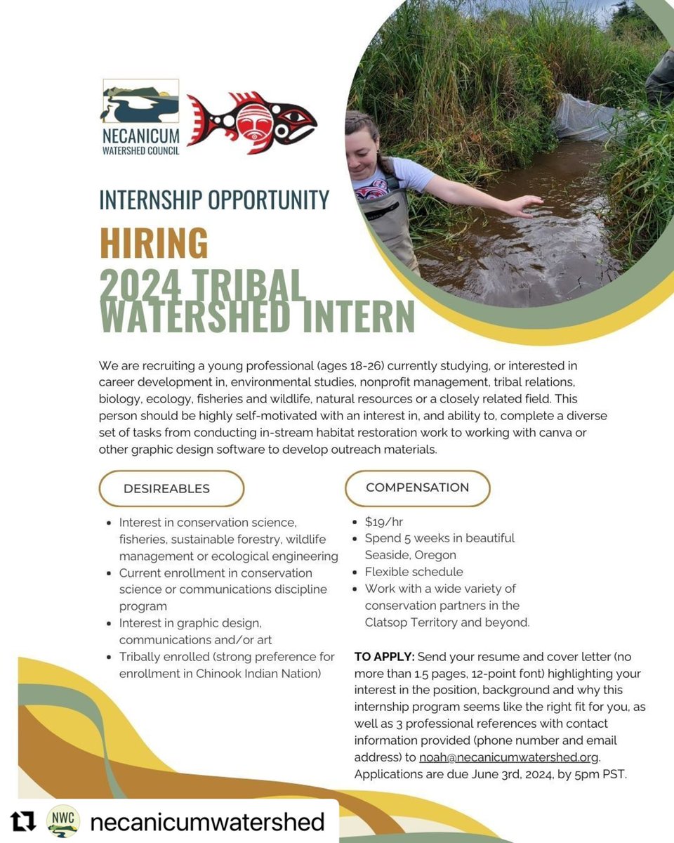 Apply now for the Tribal Watershed Internship program in partnership with the Chinook Nation. Applications are due June 3rd, 2024 #Internship #NativeYouth