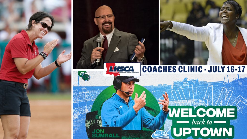 LHSCA Coaches Clinic - July 16th and 17th - Crowne Plaza Hotel. Keynote Speaker @coachkushspeaks - @GreenWaveFB Head Coach Jon Sumrall; @SouthernMissWBB Asst & former St. Martin's star Barbara Farris; Notre Dame alum & former Bama softball assistant Alyson Habetz. @LHSAAsports