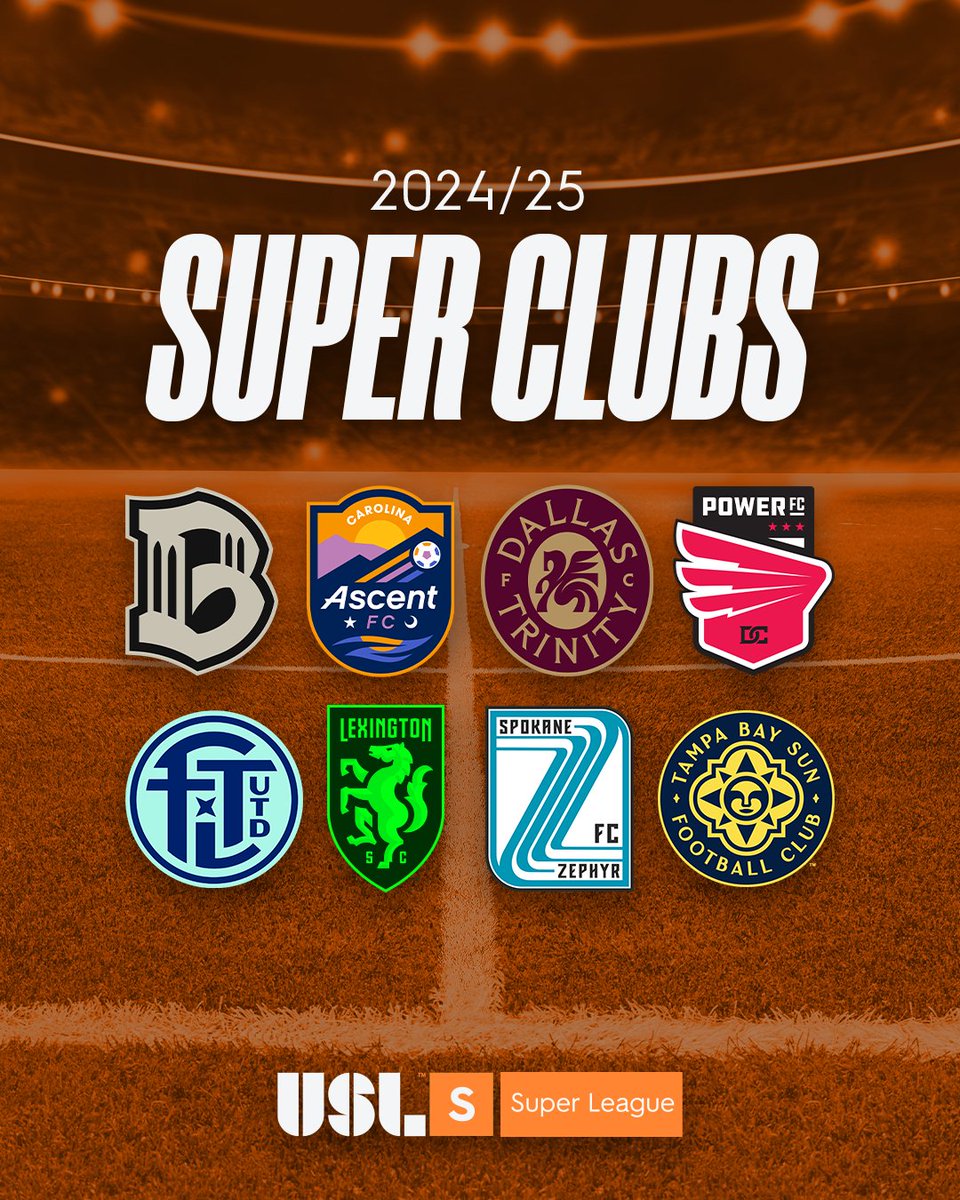 Graphic featuring all eight inaugural USL Super League club logos with the title "2024/25 Super Clubs." Club logos, in order: Brooklyn FC, Carolina Ascent FC, Dallas Trinity FC, DC Power Football Club, Fort Lauderdale United FC, Lexington SC, Spokane Zephyr FC, Tampa Bay Sun FC.