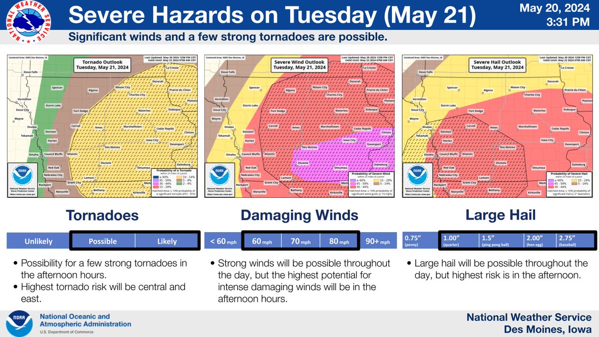 Tuesday will be a stormy day. Afternoon storms will likely be the strongest of the day as they redevelop midday with the potential for a few strong tornadoes, intense damaging wind gusts, and large hail moving eastward through the afternoon. Flash flooding may also occur. #iawx