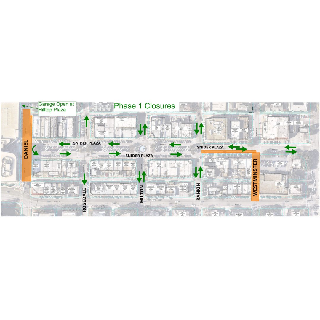 The City is sharing an updated Phase 1 Closures map as we are adjusting a portion of the work on Westminster to instead focus on a portion of Snider Plaza between Westminster and Rankin. Visit uptexas.org/SniderPlaza for more information on the project update.