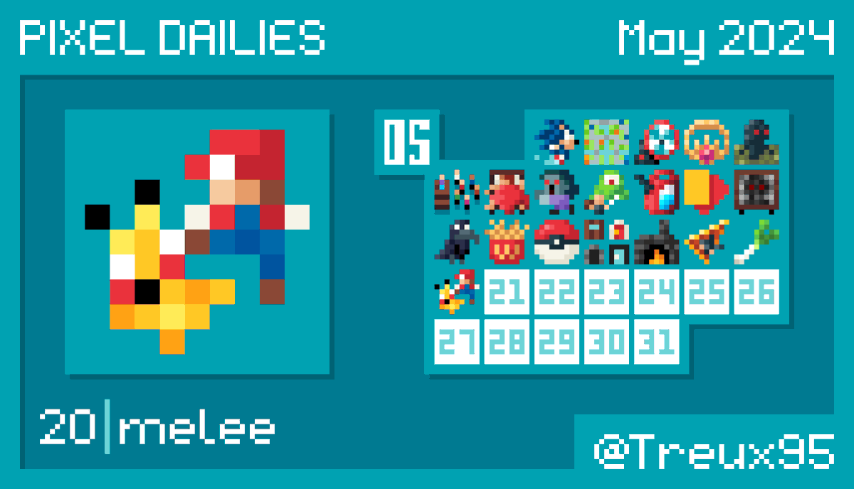 20/05/2024 | #melee | 9x9 px

A little smash for @Pixel_Dailies :)

#pixel_dailies | #pixelart | #pixelartist | #ドット絵 | #SuperSmashBros