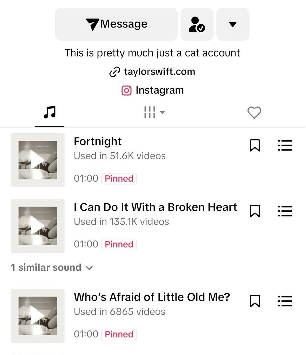 📲 | Taylor Swift has updated her pinned songs on TikTok replacing ‘But Daddy I Love Him’ and ‘Down Bad’ with ‘ICDIWABH’ and ‘WAOLOM’ — Fortnight remains her top pinned song.
