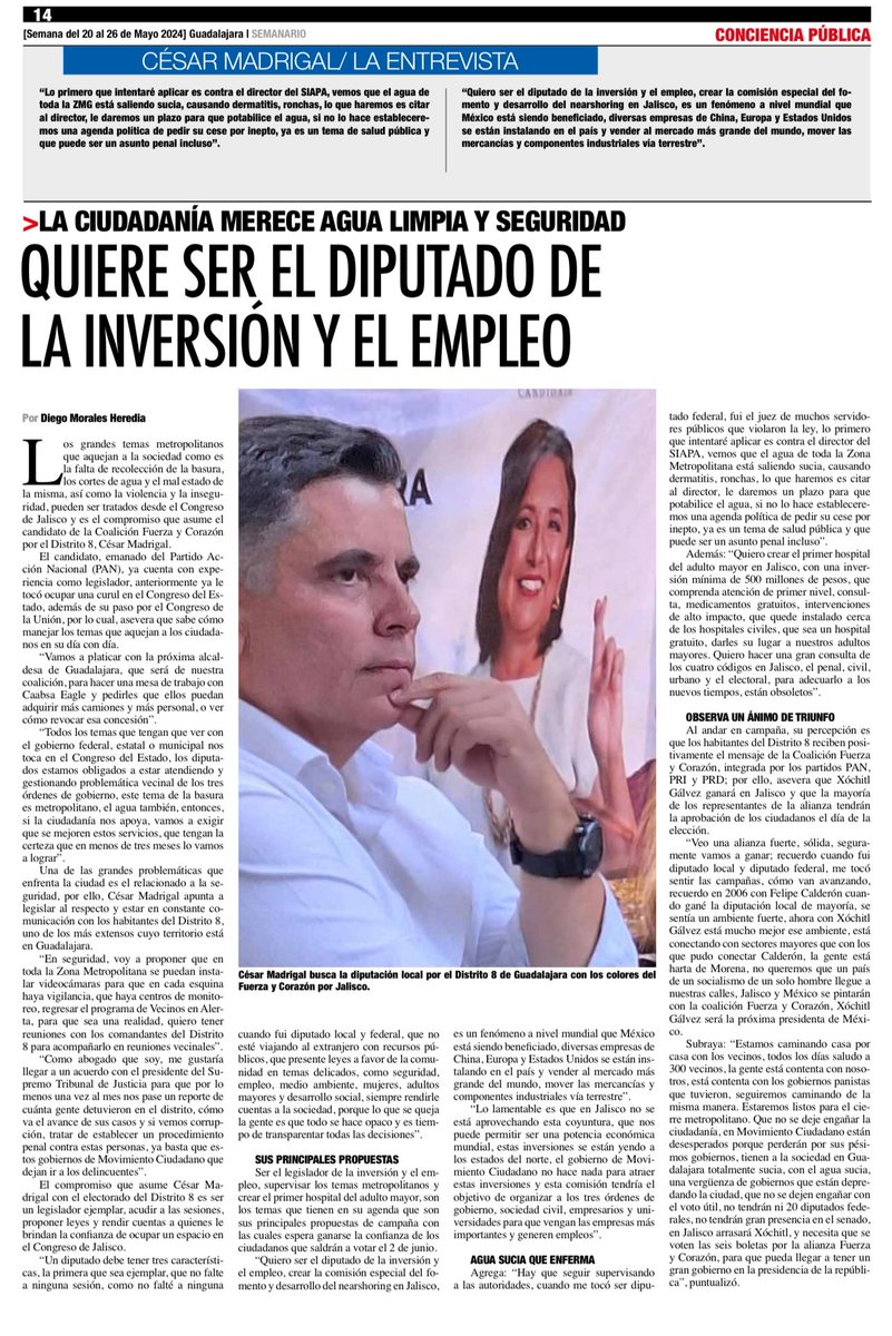 ¡¡LES COMPARTO ENTREVISTA DEL SEMANARIO “CONCIENCIA PÚBLICA”. 

UNIDOS GANAREMOS LA DIPUTACIÓN LOCAL DEL DISTRITO 8. 🔵🔴🟡

#CesarMadrigalDiputadoLocal 
#VotaPANPRIPRD
#XochitlGalvezPresidenta