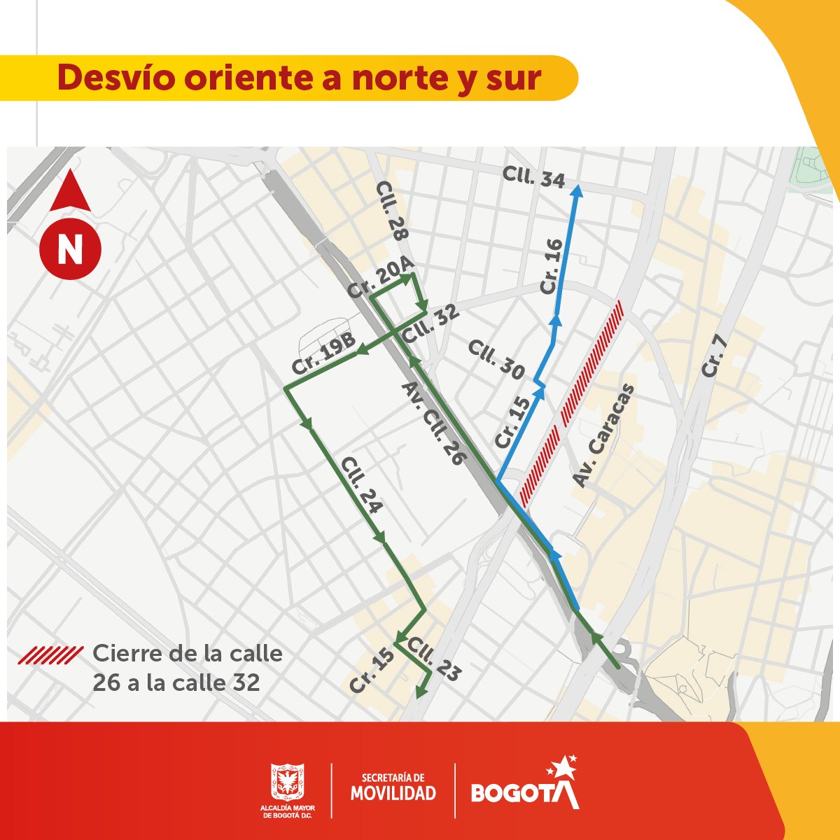 #ElMetroAvanza y, para continuar con su construcción, el carril para vehículos particulares de la av. Caracas, entre las calles 26 y 32, se cerrará a partir del próximo 29 de mayo. ✅ Planea tu ruta con tiempo y ten en cuenta estos desvíos👇