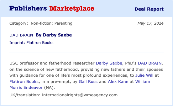 darbysaxbe's tweet image. I'm VERY excited to announce that I'm writing a book for @Flatironbooks! It'll be about the neurobiology of fatherhood & how fatherhood transforms men's lives. Thanks to stellar @WMEBooks agents @alexanderjkane & @RossGail. Reach out if you have dad stories or research to share!