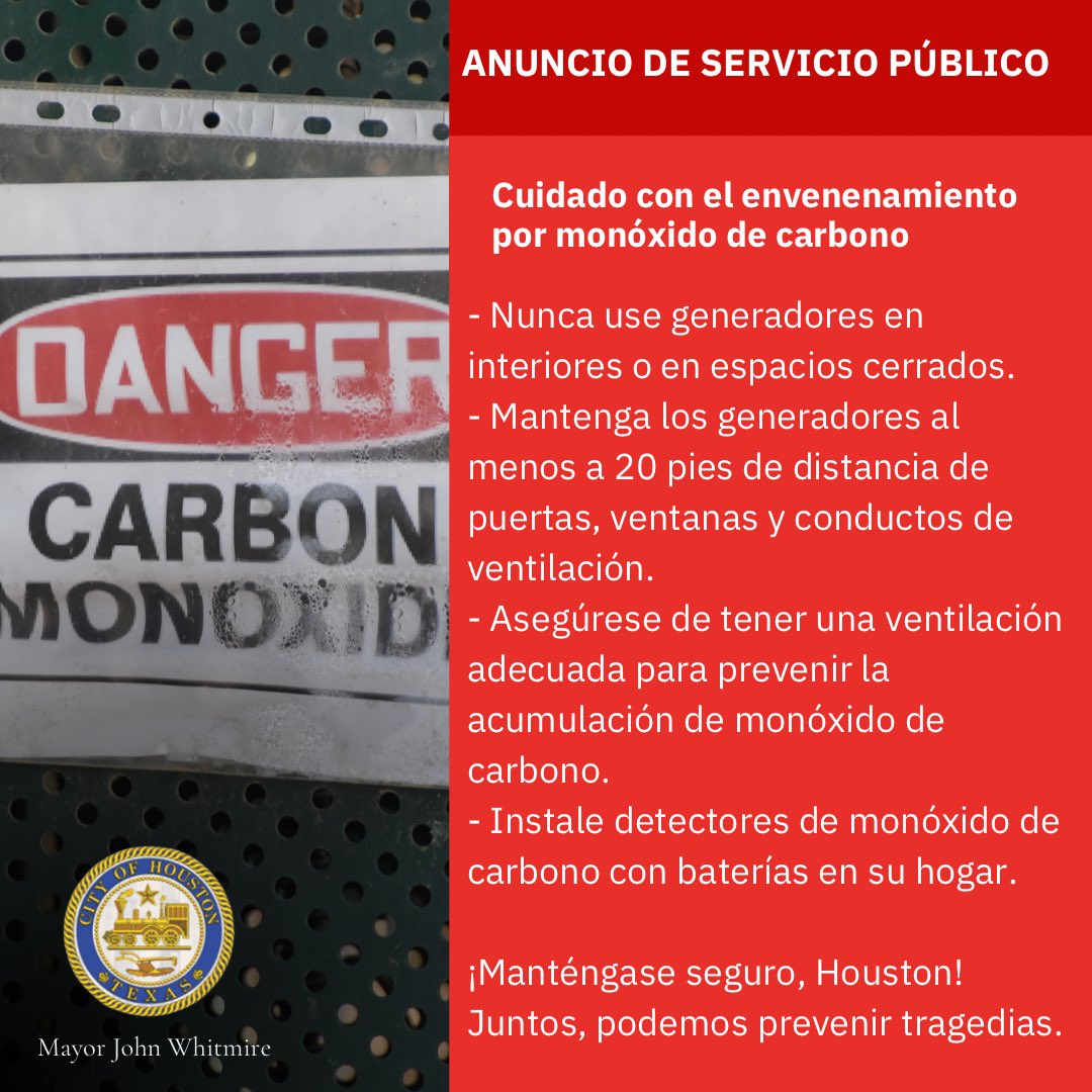 ¡Por favor, manténgase a salvo del envenenamiento por monóxido de carbono al usar generadores! Siga estos consejos para proteger a su familia. #HoustonFuerte #MantenteSeguro #ConcienciaDeCO @HoustonFire