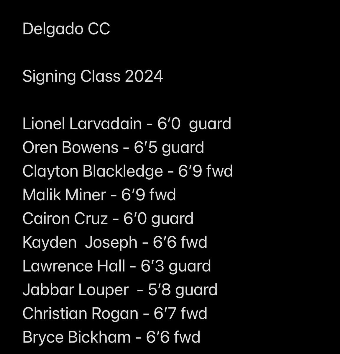 2024 Delgado CC signing class

😎🐬

See yall in the Fall 
Let’s pack the Williamson Center all season!