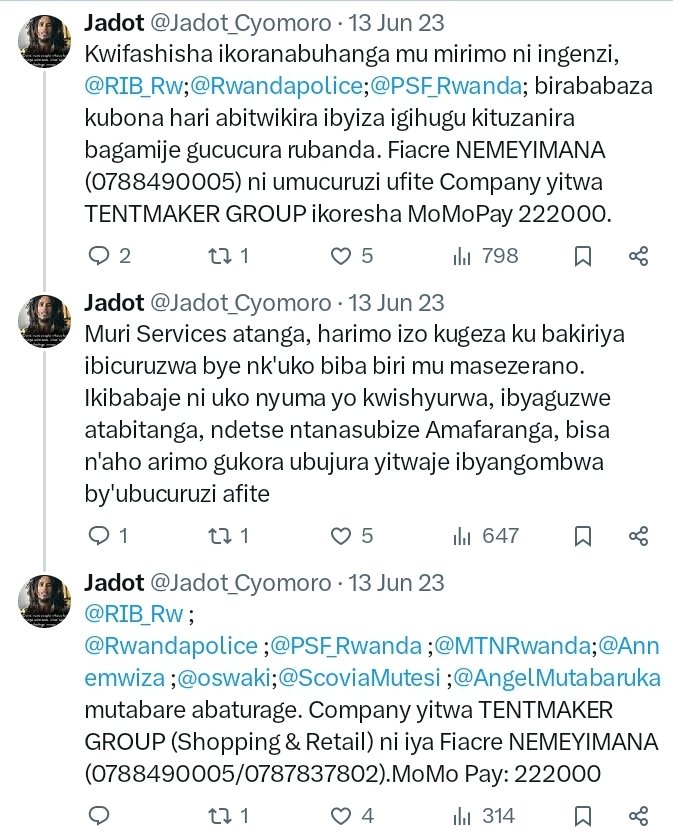 <a href="/MuyobokeAlex1/">Muyoboke Alex</a>;<a href="/IbrahimCyusa/">Cyusa Ibrahim</a> ;<a href="/IsraeMbonyi/">Israel Mbonyi</a>;<a href="/InyamibwaRwanda/">Inyamibwa Cultural Troupe</a> uyu muntu (Fiacre NEMEYIMANA) w'ubunyangamugayo hafi ya ntabwo mukorana mute?<a href="/RIB_Rw/">Rwanda Investigation Bureau</a>; <a href="/Rwandapolice/">Rwanda National Police</a>;<a href="/jnabdallah/">UTUMATWISHIMA</a>;<a href="/ScoviaMutesi/">MUTESI SCOVIA</a> ;<a href="/AngelMutabaruka/">Mutabaruka Angeli</a>;<a href="/MURINDAHABII/">M IRENE</a>;<a href="/LuckyIbnMiraj/">Luckman Nzeyimana</a> mutabare, ingeso mbi zicike muri business.