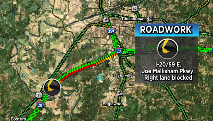 FIRST ALERT: There is roadwork on I-20/59 E. at Joe Mallisham Pkwy. The right lane should be blocked until 6:30 PM. @WBRCnews #wbrctraffic