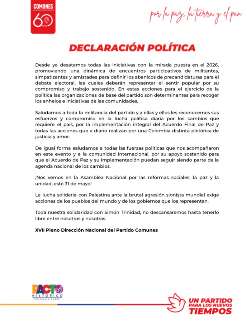 #DeclaraciónPolítica de nuestro XVll Pleno de Dirección Nacional: “Reafirmamos nuestro compromiso en la lucha por la paz con justicia social y la movilización popular en dirección a la profundización de los cambios que reclama la sociedad colombiana, fortaleciendo las acciones