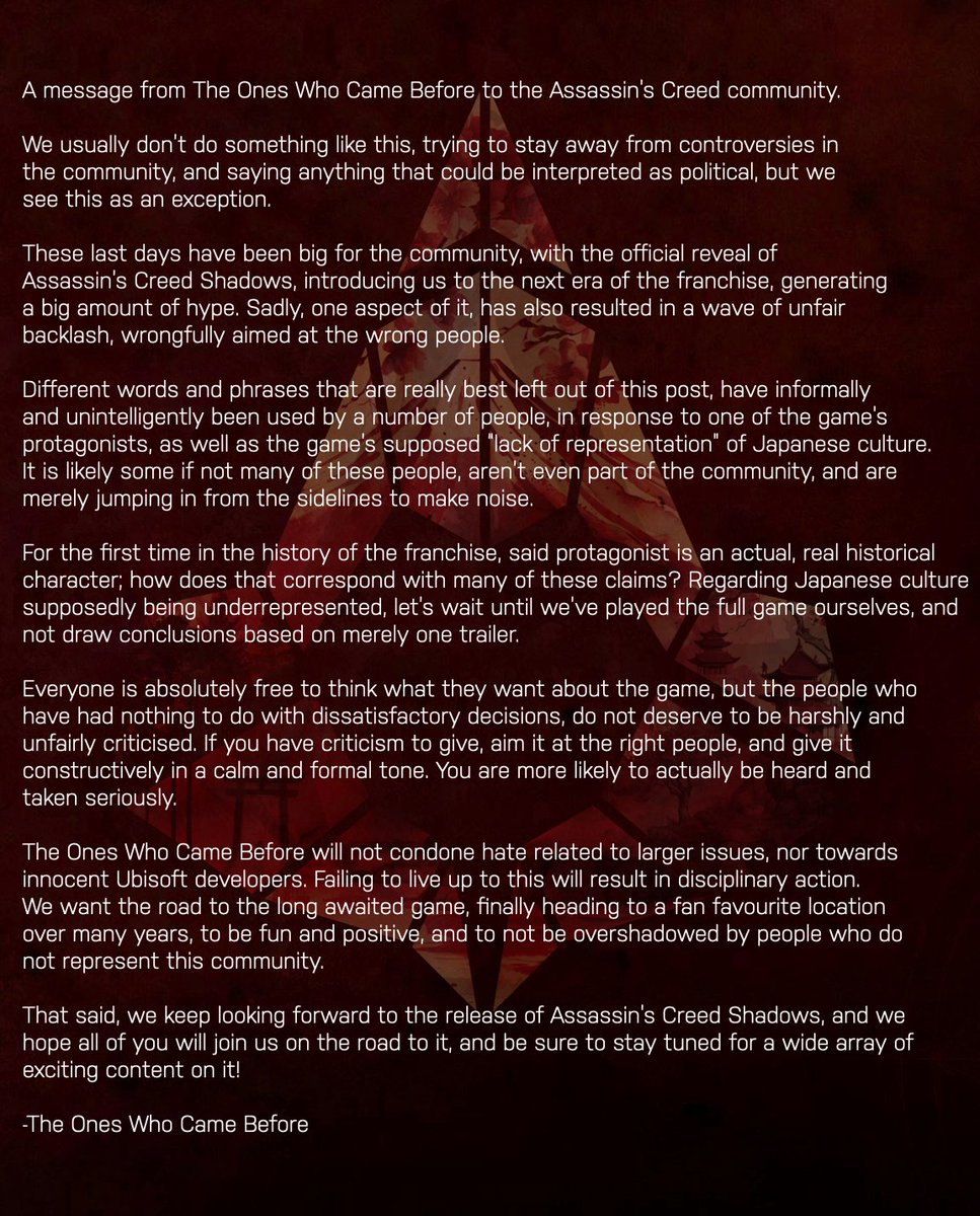 A message from The Ones Who Came Before to the Assassin's Creed community.

#AssassinsCreed #AssassinsCreedShadows