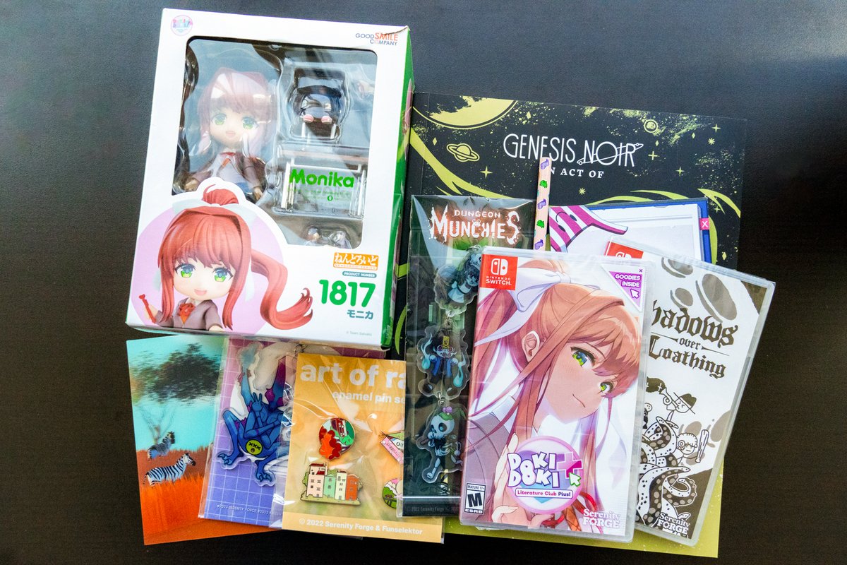 As promised, our first 10-Year Anniversary Giveaway begins today with a gift bundle featuring #DDLCPlus &amp; Shadows Over Loathing for #NintendoSwitch, a Monika Nendoroid, and much more!

Enter until 05/22, and keep an eye out for more! 🎁✨👀

Enter here: gleam.io/6bHOf/serenity…