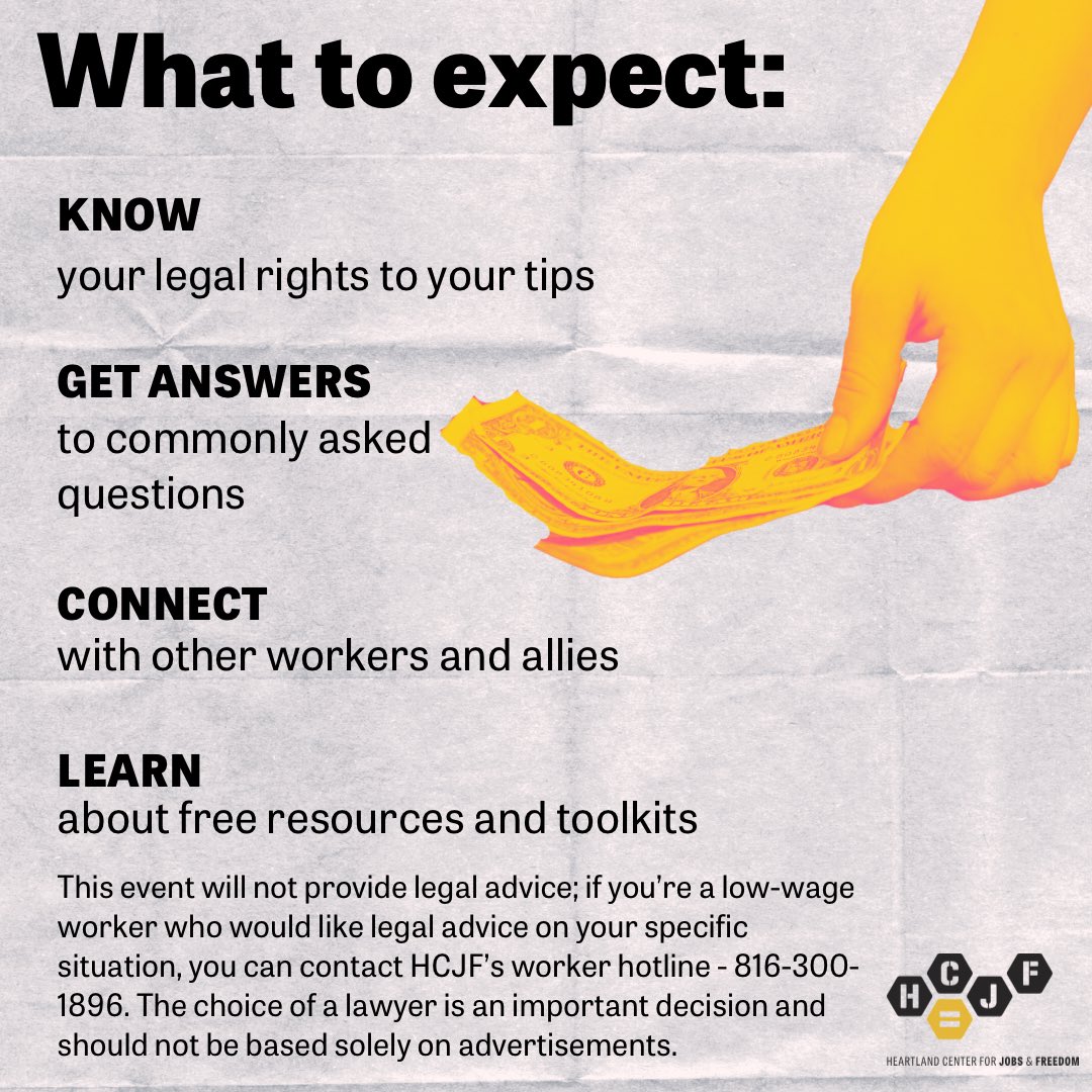 Calling all service industry workers and allies! We are co-hosting a FREE workshop to learn your rights around tipping. Join us on Monday June 10th - RSVP at bit.ly/tippingkcmo. See you there!