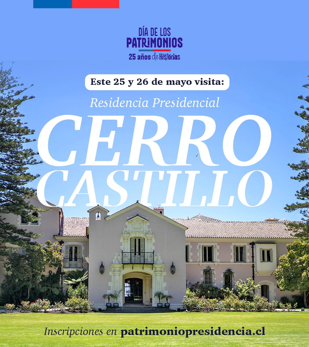 ¡Celebra el #DíaDeLosPatrimonios2024! 🎉 La fiesta cultural más grande de Chile ya está aquí, abriendo las puertas de la Residencia Presidencial Palacio Cerro Castillo este 25 y 26 de mayo. 📲 Inscríbete en patrimoniopresidencia.cl