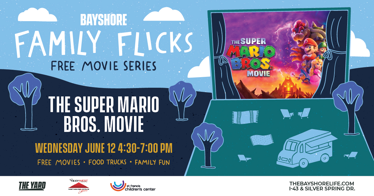 BAYSHORE's Family Flicks presented by Shorewest Realtors - Northshore Office and St. Francis Children's Center returns 6/12 - 8/28, every Wednesday 4:30-7pm in The Yard. Check out your favorites on the Big Screen. #thebayshorelife #familyflicks #familyfun #milwaukeefamilies