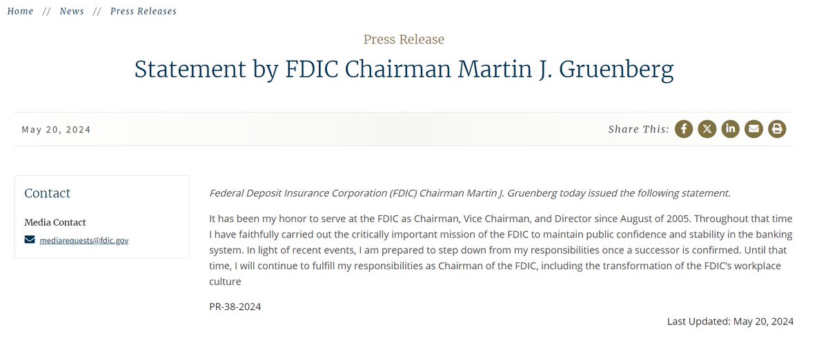 FDIC Chairman Marty Gruenberg says he is willing to resign. 'In light of recent events, I am prepared to step down from my responsibilities once a successor is confirmed.'