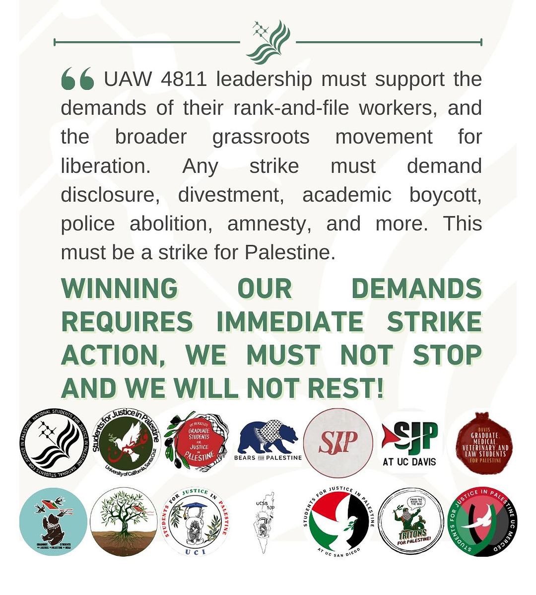 🚨UC SJP STATEMENT ON A STRIKE FOR PALESTINIAN LIBERATION🚨 “@uaw_4811 must immediately call a strike at all UC Campuses. Any strike must demand disclosure, divestment, academic boycott, police abolition, amnesty, and more. This must be a strike for Palestine.”