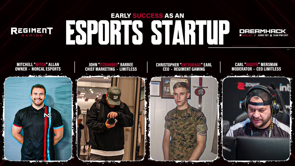 If you’re attending @DreamHack Dallas, make sure you come by the Esports Startup Panel! 🫡 REGIMENT’s CEO, @Entxurage, will be speaking on the panel alongside some amazing individuals about what it takes to be successful in the gaming industry. #TheREGIMENT | #DreamHack