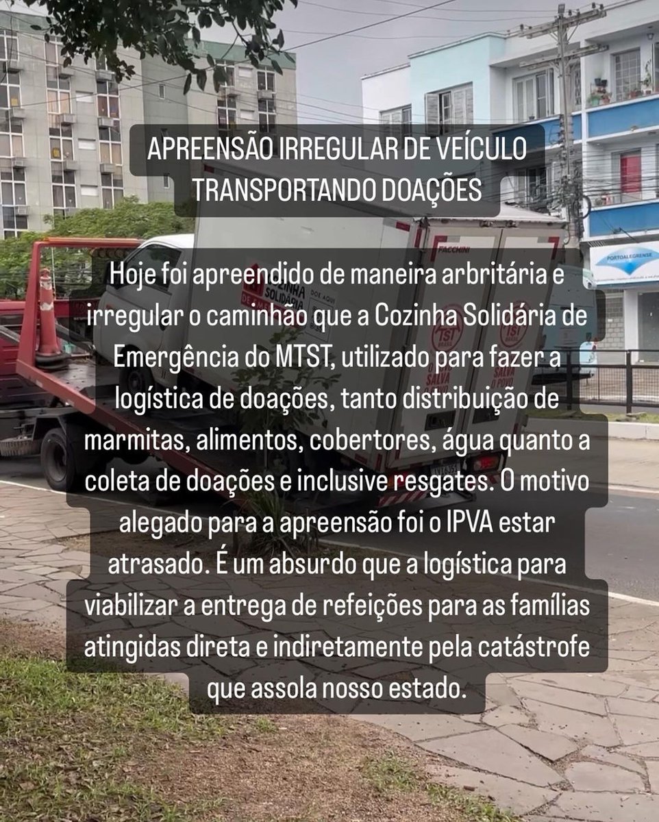 CozinhasMTST's tweet photo. APREENSÃO IRREGULAR DE VEÍCULO TRANSPORTANDO DOAÇÕES

Hoje foi apreendido de maneira arbritária e irregular o caminhão qe a Cozinha Solidária de Emergência do MTST, utilizado para fazer a logística de doações, tanto distribuição de marmitas e alimentos. https://t.co/PhEyIGZONX