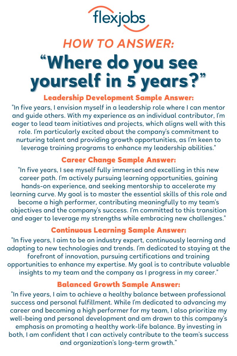 'Where do you see yourself in 5 years?' is NOT a trick question. Hiring managers ask this because they want to see how the job aligns with your career plans! Here are 4 different sample answers to help you with your own answer during a job interview. flexjobs.pulse.ly/4uclg189of