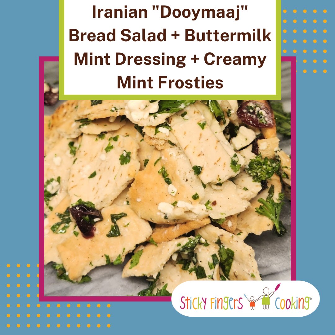 Our RECIPE OF THE WEEK this week is: Incredible #Iranian '#Dooymaaj' #BreadSalad + #Buttermilk Mint Dressing + Creamy #Mint Frosties!

#RecipeOfTheWeek #StickyFingersCooking #EasyRecipes #KidRecipes #Education #KidsCooking #Recipe #CookingWithChildren #IranianRecipe #FingerFood