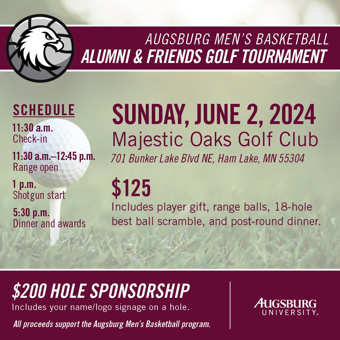 We're just under 2 weeks away from our annual Alumni and Friends Golf Scramble. Foursomes are rolling in, but there's still time to join in the fun!

Follow the link to register: athletics.augsburg.edu/news/2024/4/12…