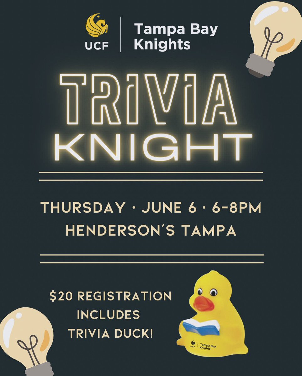 Test your knowledge against other Knights in Tampa Bay at Trivia Knight! All attendees will receive a limited edition 2024 Tampa Bay Trivia duck and complimentary pizza. Come as a team or meet some new alumni in the area! ⚡️🔛
Link in bio to register!