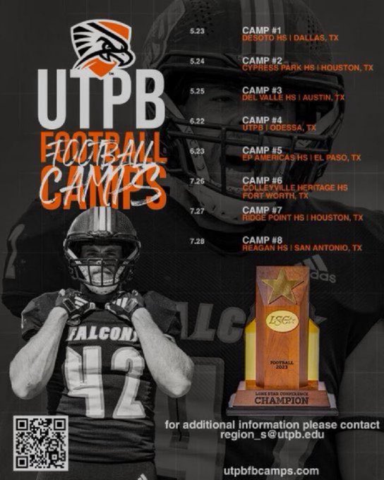 Invest in your future! DFW you are up first, see you on Thursday! 
#CampWithTheChamps 
Get signed up today⬇️⬇️⬇️
utpbfbcamps.com