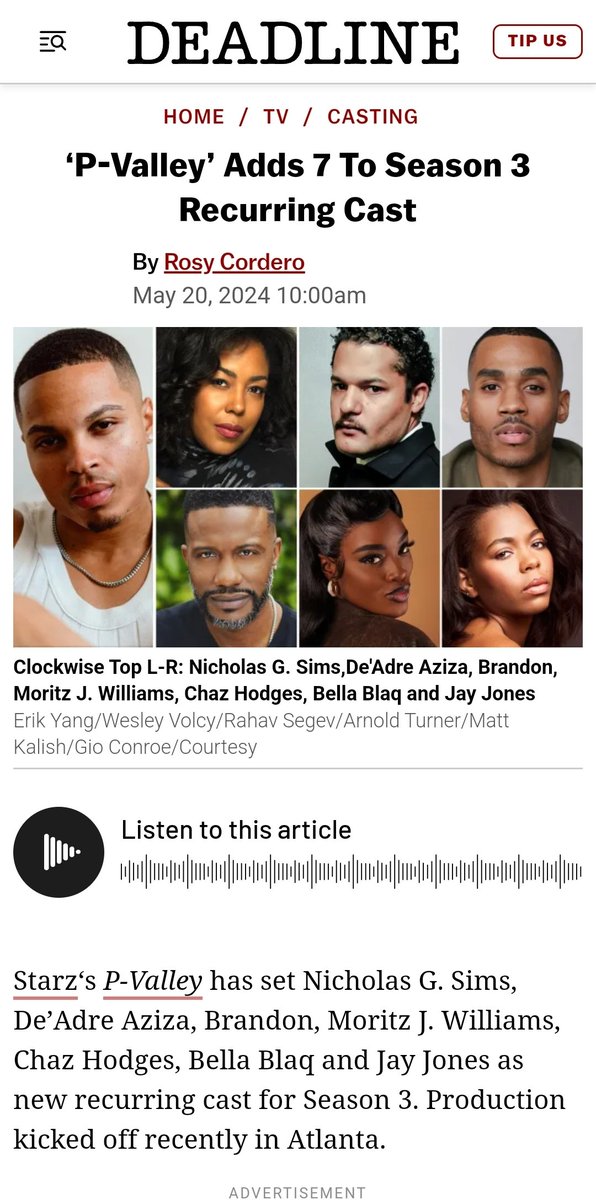 #PSRNews

#PValley Adds 7 To Season 3 Recurring Cast - <a href="/DEADLINE/">Deadline</a>

Starz‘s P-Valley has set Nicholas G. Sims, <a href="/DeadreAziza/">De'Adre Aziza</a>, Brandon, Moritz J. Williams, Chaz Hodges, Bella Blaq and Jay Jones as new recurring cast for Season 3.

deadline.com/2024/05/p-vall…