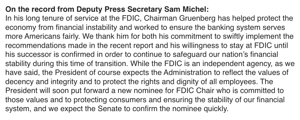 In a statement on Martin Gruenberg, White House says Biden will soon submit a new nominee for FDIC chair