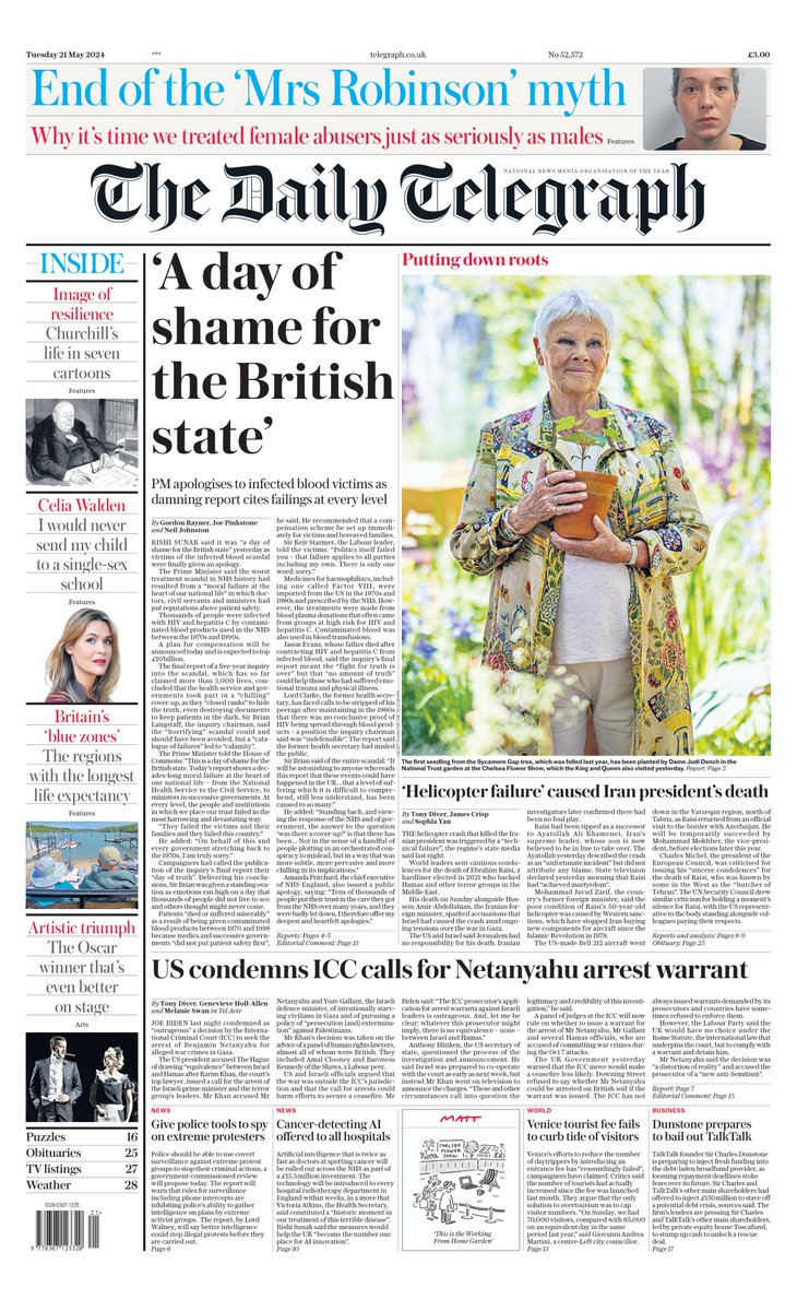 The Daily Telegraph: ‘A day of shame for the British state’ #TomorrowsPapersToday