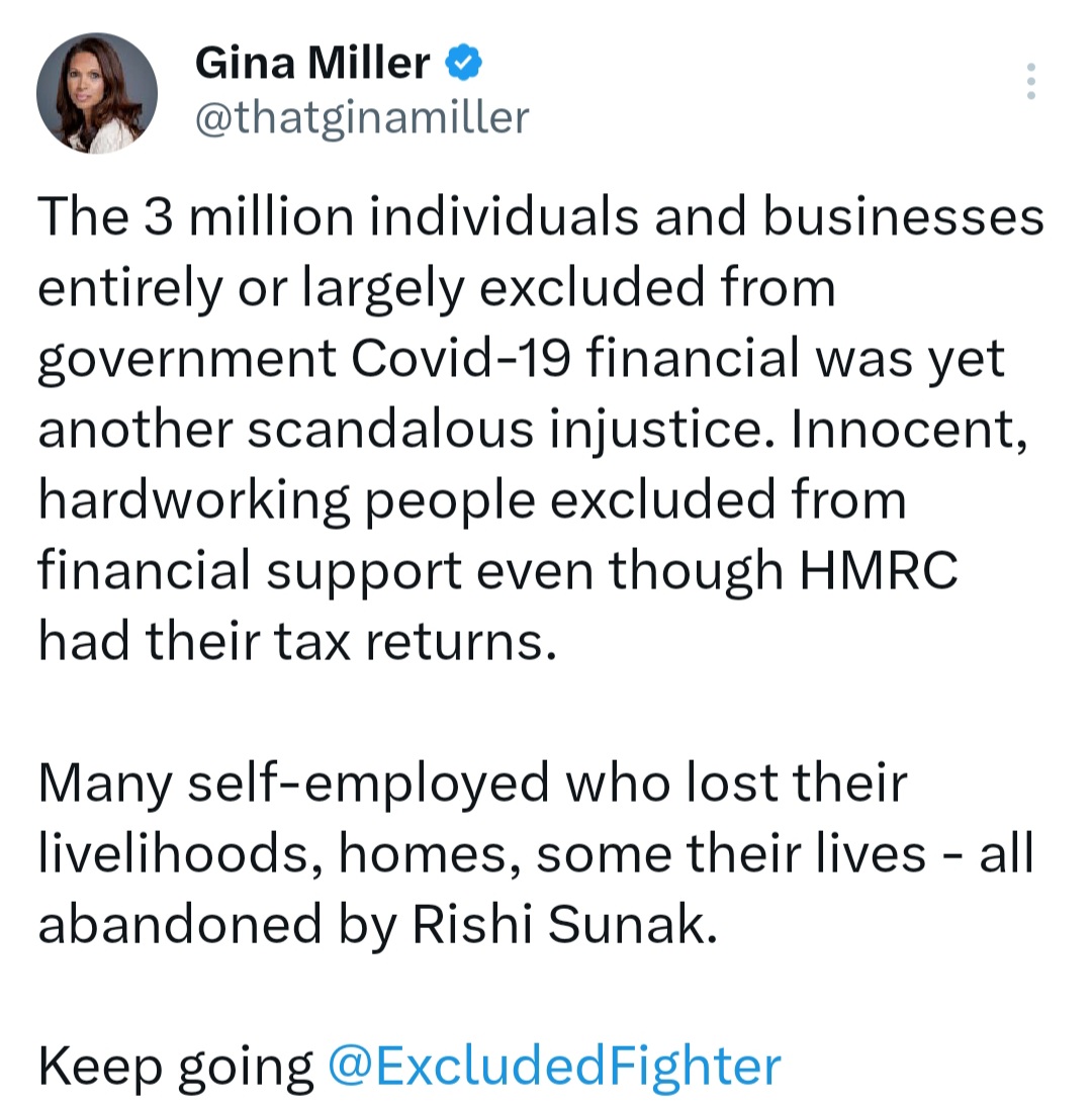<a href="/theJeremyVine/">Jeremy Vine | Here, on Tiktok, Insta & Facebook</a> <a href="/ExcludedUK/">ExcludedUK</a> If you are one of the #ExcludedUK that has been thrown under a bus by this Gov, as long-time supporters of this horrendous scandal, i am very positive that <a href="/thatginamiller/">Gina Miller</a> would like to raise this on the <a href="/theJeremyVine/">Jeremy Vine | Here, on Tiktok, Insta & Facebook</a> show tomorrow morning.

<a href="/ExcludedUK/">ExcludedUK</a>
x.com/ExcludedFighte…