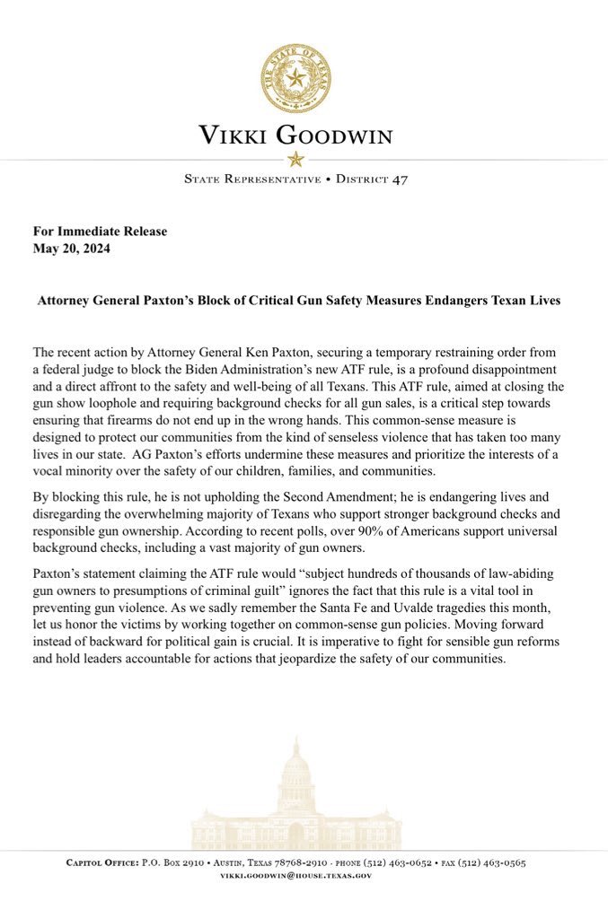 My statement on AG Ken Paxton blocking critical gun safety measures. His actions endanger Texan lives. It's beyond time to put families first and prioritize community safety with common-sense gun policies. #txlege