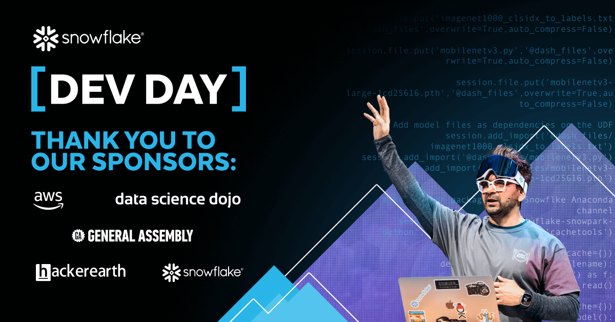 Sending a huge thank you to our partners focused on bootcamps, upskilling, and recruiting. We can’t wait to see you at the first ever #DataCloudDevDay!

@DataScienceDojo, @GA, @HackerEarth, @AWS Recruiting, Snowflake Recruiting.