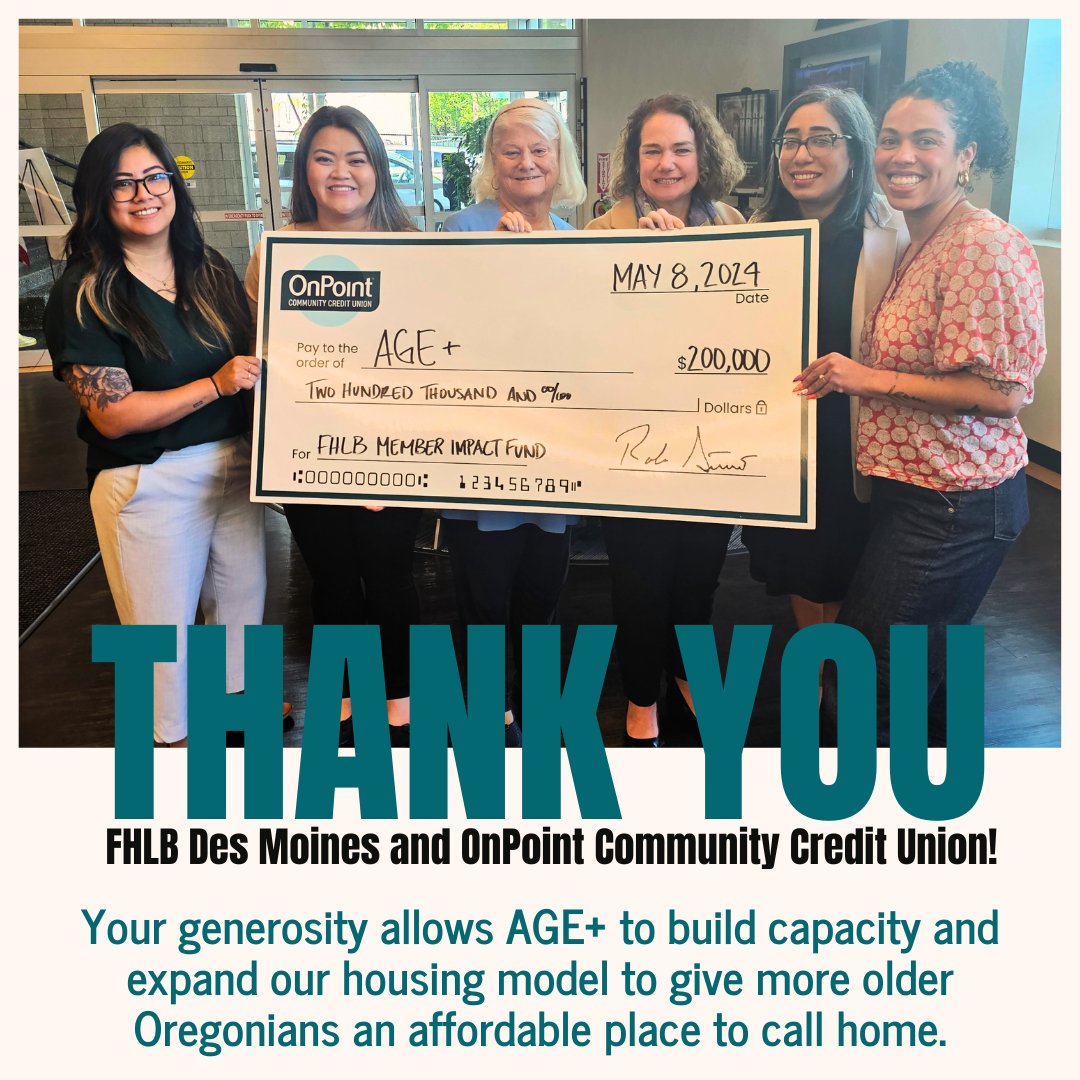 AGEPlus (AGE+) (@ageplusoregon) on Twitter photo The support & belief in our work that our friends at <a href="/OnPointCU/">OnPoint Community CU</a> and <a href="/FHLBDM/">FHLB Des Moines</a> have shown AGE+ is humbling & energizing. This $200,000 Member Impact Fund grant will allow us to replicate our housing success. Read the news release here: flashalert.net/id/OnPointCU/1…! The support & belief in our work that our friends at <a href="/OnPointCU/">OnPoint Community CU</a> and <a href="/FHLBDM/">FHLB Des Moines</a> have shown AGE+ is humbling & energizing. This $200,000 Member Impact Fund grant will allow us to replicate our housing success. Read the news release here: flashalert.net/id/OnPointCU/1…!