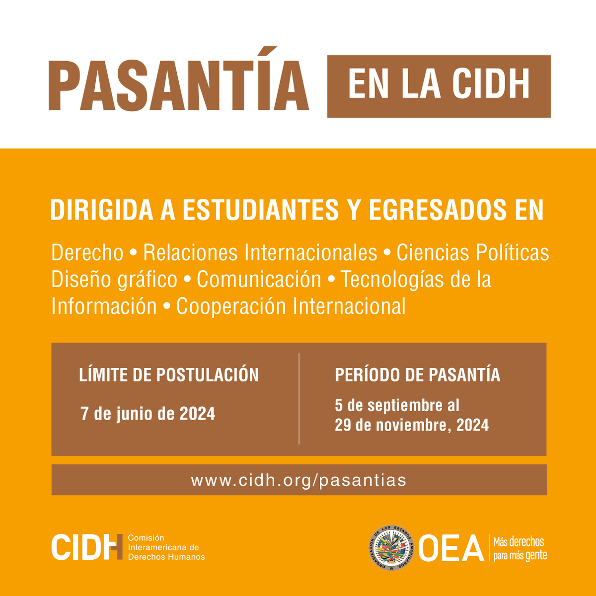 !Es hoy, es hoy! Postula al programa de pasantías en la #CIDH. Si eres estudiante o egresaste recientemente y te gustan los #DerechosHumanos, esta oportunidad te puede interesar. ℹ️✍️Infórmate aquí y postula 👉 bit.ly/3on647N ⏲️El plazo cierra el 7 de junio, 2024