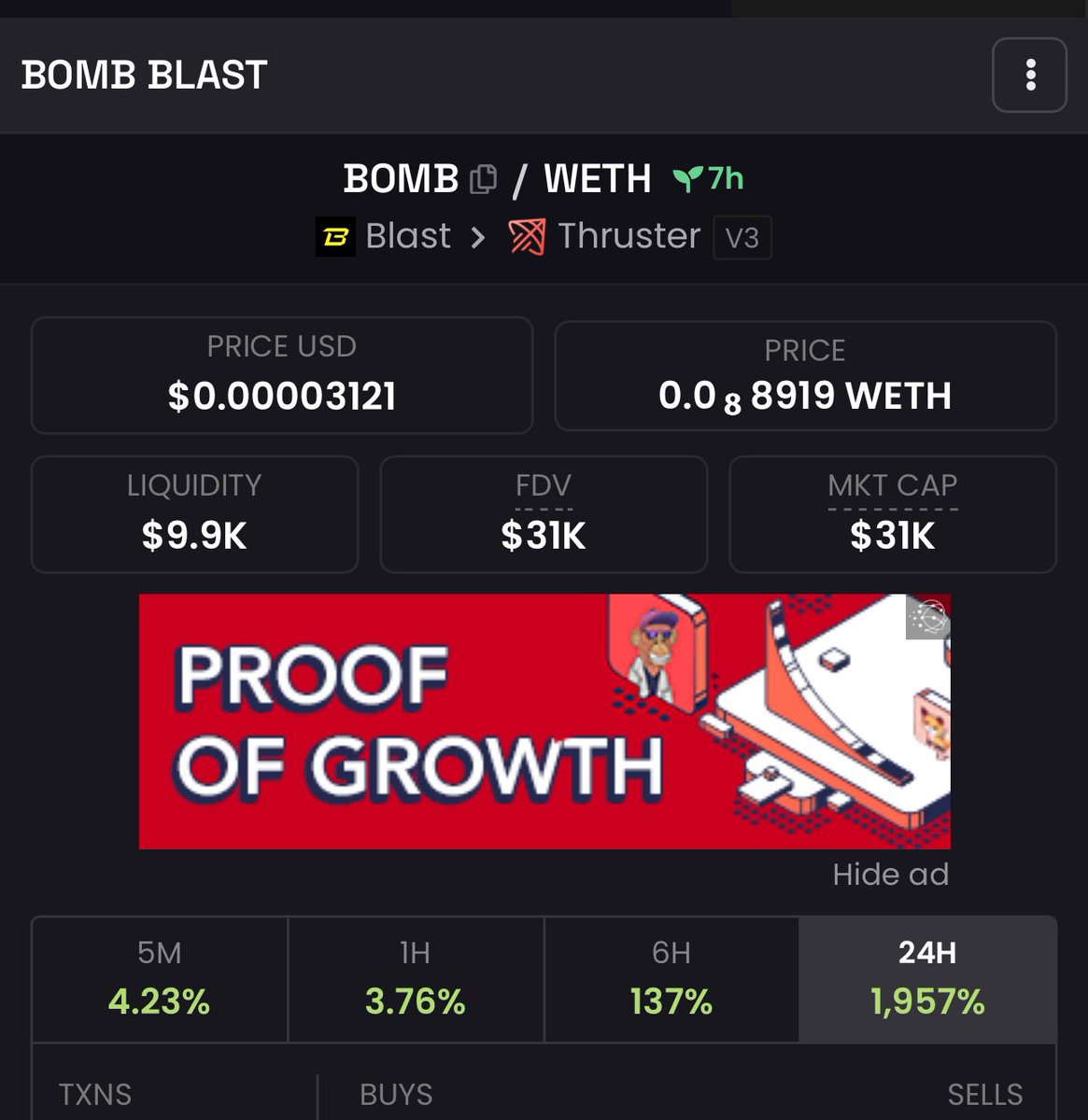 Bought $BOMB on #BLAST at 25k mc

This is a zero brainer play on Blast cuz the ticker rhymes with the network, I expect to see it above a mil in the long term. The TVL of Blast is over $3B, certainly a meme szn is around the corner, I just love the $BOMB broskis

@BombBlast_