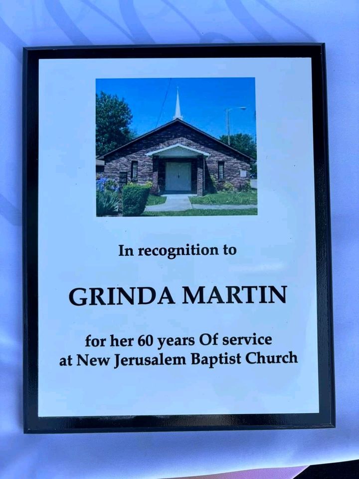 Congratulations to our sister, Grinda Martin, on her recognition as a 60-year member at New Jerusalem Baptist Church.