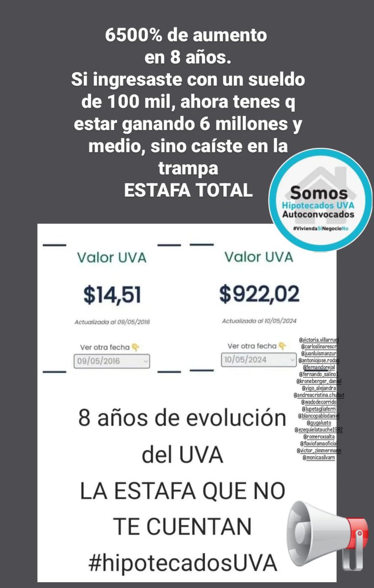 <a href="/espartacomarin/">Espartaco Marin ✌🏽™</a> Fuera uva! Es una estafa sistemática. Un ataque al salario del trabajador.  Los salarios no acompañaron a la inflación. Son usura bajo la mirada cómplice del arco político. <a href="/ditulliojuli/">Juliana di Tullio</a> <a href="/anabelfsagasti/">Anabel Fernández Sagasti</a> <a href="/martindonate/">Martin Doñate</a> <a href="/AleLorden/">Alejandra Lordén</a> <a href="/LinaresCarlosCR/">Carlos Linares</a> <a href="/CarolinaMoises/">Carolina Moises</a>