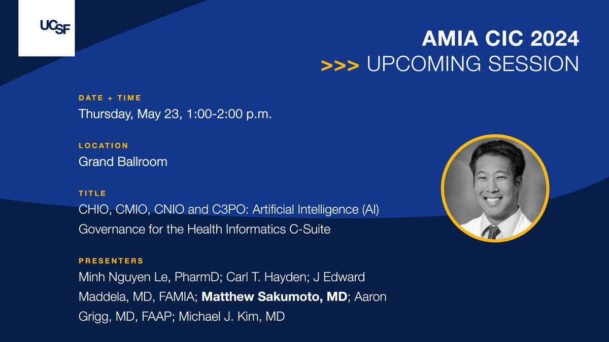 CLIIR-UCSF (@cliir_ucsf) on Twitter photo At 1 p.m. CT, join <a href="/MattSakumoto/">Matt Sakumoto</a> and this panel of experts in the field as they share strategic insights to guide healthcare informatics leaders in conceptualizing and creating proper #AI oversight for their respective organizations. #CIC24 <a href="/AMIAinformatics/">AMIA</a> <a href="/UCSF_DOCIT/">UCSF DoC-IT</a> At 1 p.m. CT, join <a href="/MattSakumoto/">Matt Sakumoto</a> and this panel of experts in the field as they share strategic insights to guide healthcare informatics leaders in conceptualizing and creating proper #AI oversight for their respective organizations. #CIC24 <a href="/AMIAinformatics/">AMIA</a> <a href="/UCSF_DOCIT/">UCSF DoC-IT</a>