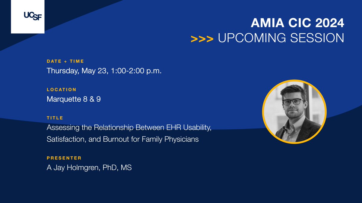 CLIIR-UCSF (@cliir_ucsf) on Twitter photo Before closing out your AMIA CIC experience, don't miss <a href="/AJHolmgren/">A Jay Holmgren</a>'s 1 p.m. CT session as he explores findings from a unique survey of family physicians with a 100% response rate. He'll cover EHR usability, satisfaction, and burnout. #CIC24 <a href="/AMIAinformatics/">AMIA</a> <a href="/UCSF_DOCIT/">UCSF DoC-IT</a> Before closing out your AMIA CIC experience, don't miss <a href="/AJHolmgren/">A Jay Holmgren</a>'s 1 p.m. CT session as he explores findings from a unique survey of family physicians with a 100% response rate. He'll cover EHR usability, satisfaction, and burnout. #CIC24 <a href="/AMIAinformatics/">AMIA</a> <a href="/UCSF_DOCIT/">UCSF DoC-IT</a>