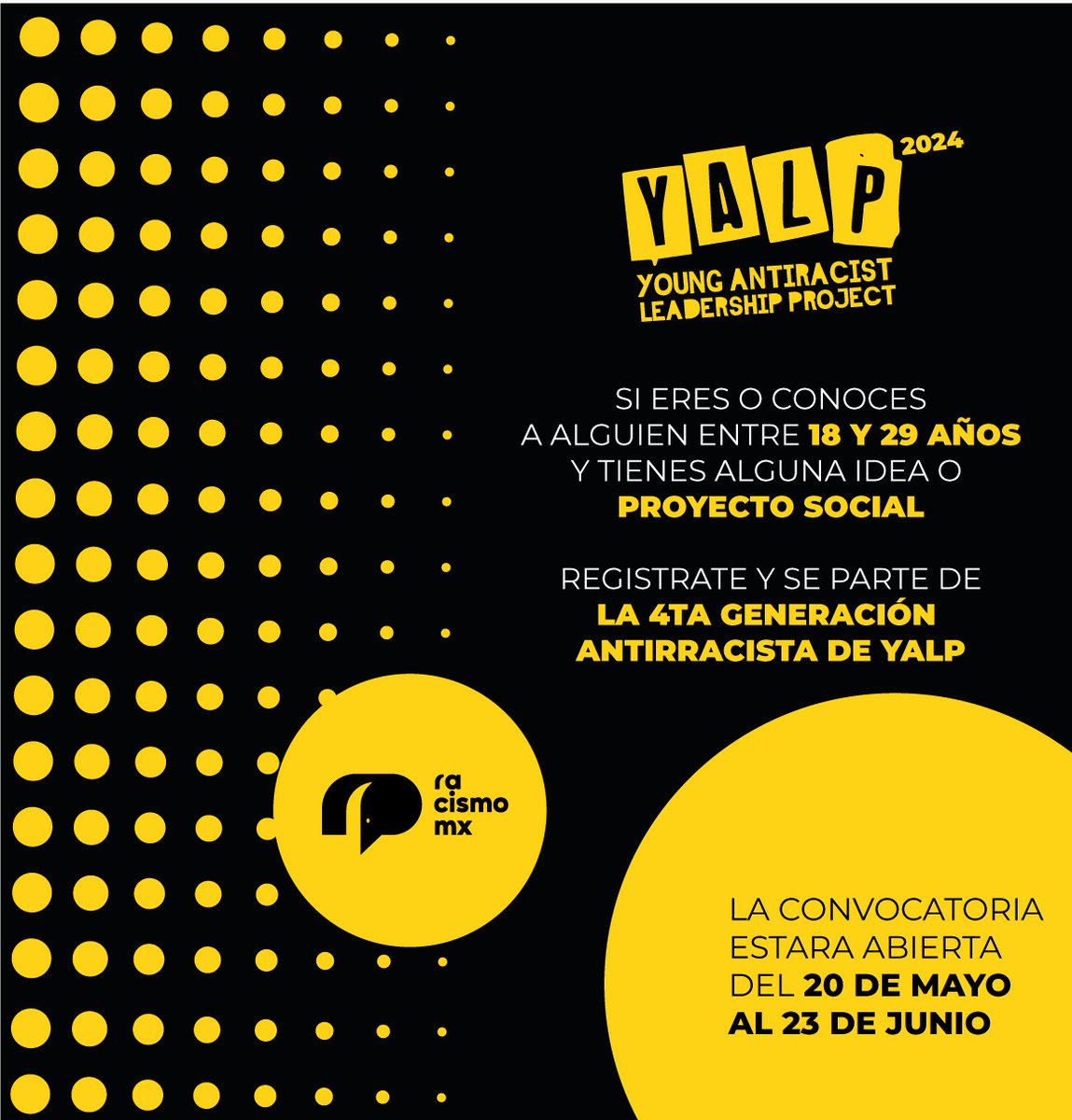 #CONVOCATORIAABIERTA 🙌🏾✨ Arrancamos la convocatoria para la cuarta generación de #YALP24 ✊🏾✊🏽✊🏿 Así que si tienes entre 18 y 29 años y quieres llevar a cabo un proyecto social, regístrate antes del 23 de junio 😉 Link de de la Bio 👉🏾🔗 #YALP #Educación #CuartaGen #Antirracista