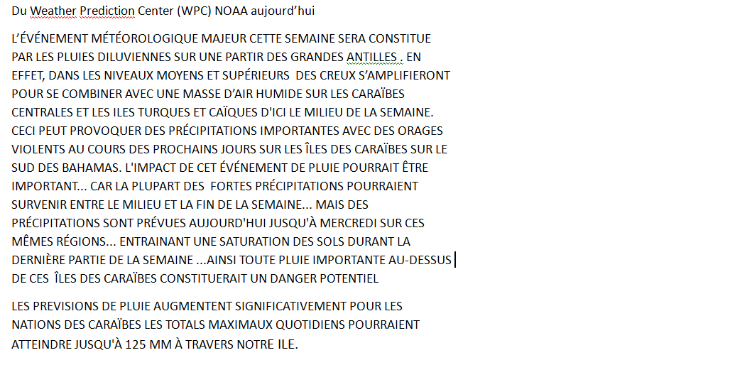 RudyMeteo's tweet photo. Bonsoir à tous !
Les prévisions du Weather Prediction Center ( WPC) NOAA d'aujourd'hui vont dans le même sens que les nôtres : des pluies diluviennes pouvant entrainer des inondations sont attendues durant le milieu et la fin de semaine sur Haïti. #ATTENTION https://t.co/9Uq8jOZI0B